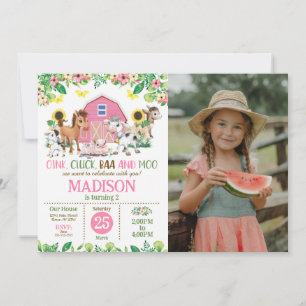 Farm Animal Girl Barnyard Party 2nd Birthday Photo Invitation