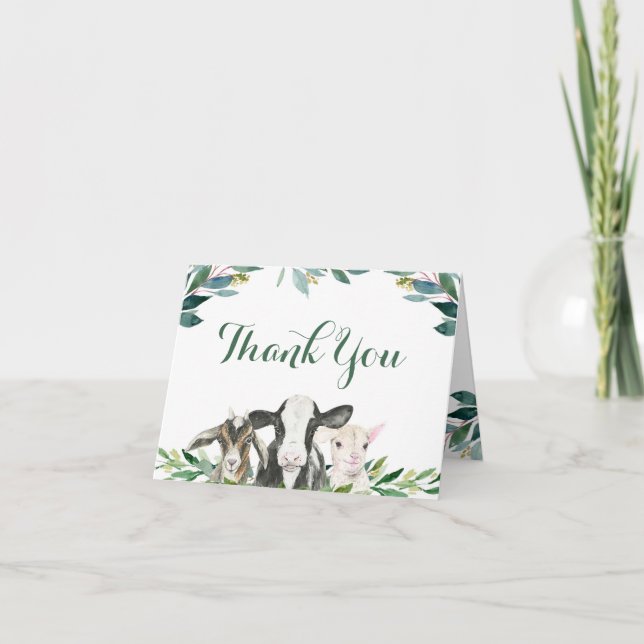 Farm Animal Greenery Baby Shower Thank You Card (Front)