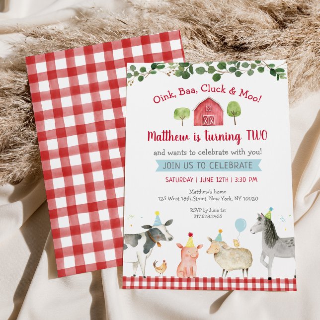 Farm Animal Greenery Barnyard 2nd Birthday Invitation (Creator Uploaded)
