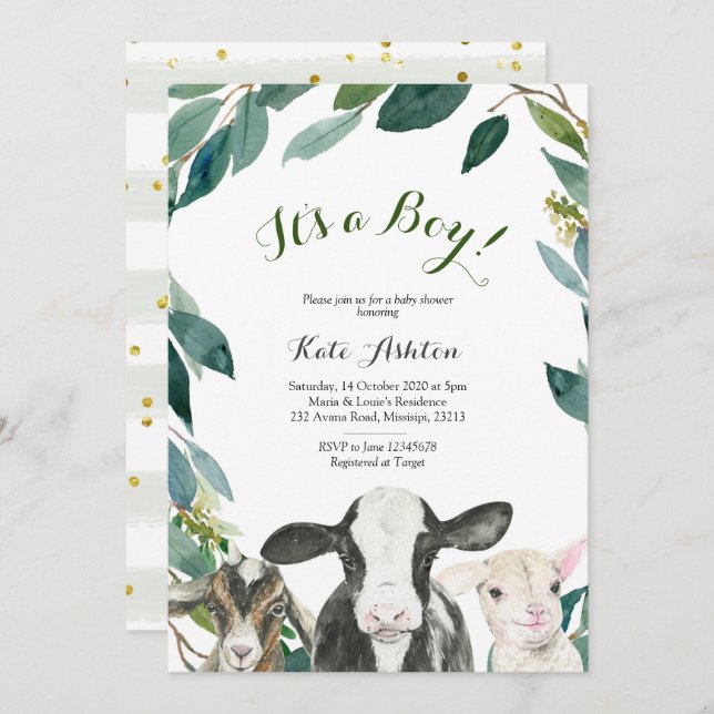 Farm Animal Greenery Boy Baby Shower Invitation (Front/Back)