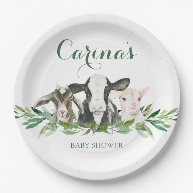 Farm Animal Greenery Boy Baby Shower Paper Plates (Front)