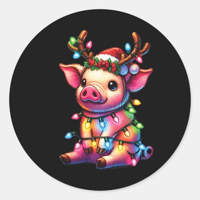 Farm Animal Lovers Pig Wearing Santa Hat Christmas Classic Round Sticker (Front)