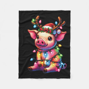 Farm Animal Lovers Pig Wearing Santa Hat Christmas Fleece Blanket