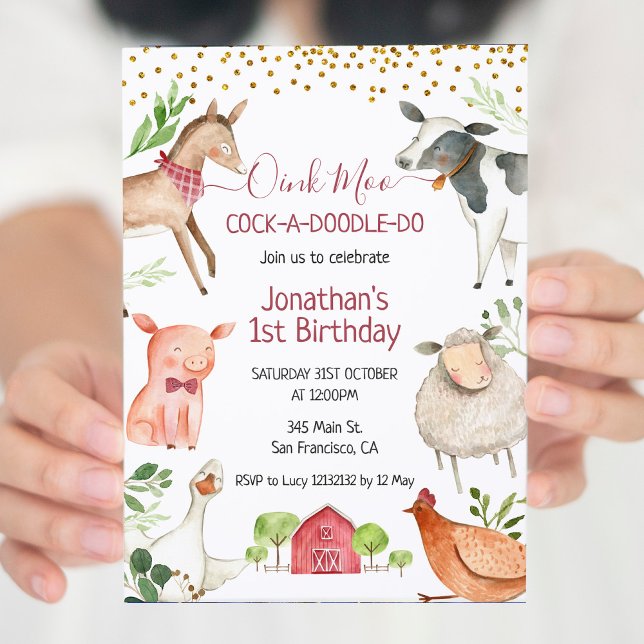  Farm Animal Oink Moo Cockadoodle Doo Birthday  Invitation (Creator Uploaded)
