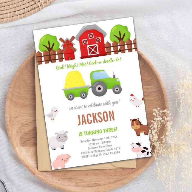 Farm Animal Party Theme Invitation (Green Barnyard birthday invitations)