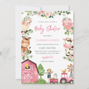 Farm Animal Pink Barnyard Baby Shower Invitation