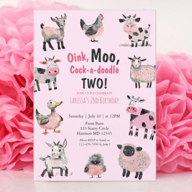 Farm Animal Pink Girls Second Birthday Invitation (Creator Uploaded)
