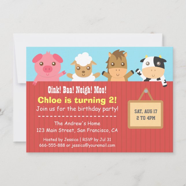 Farm Animal Red Fence Birthday Party Invitations (Front)