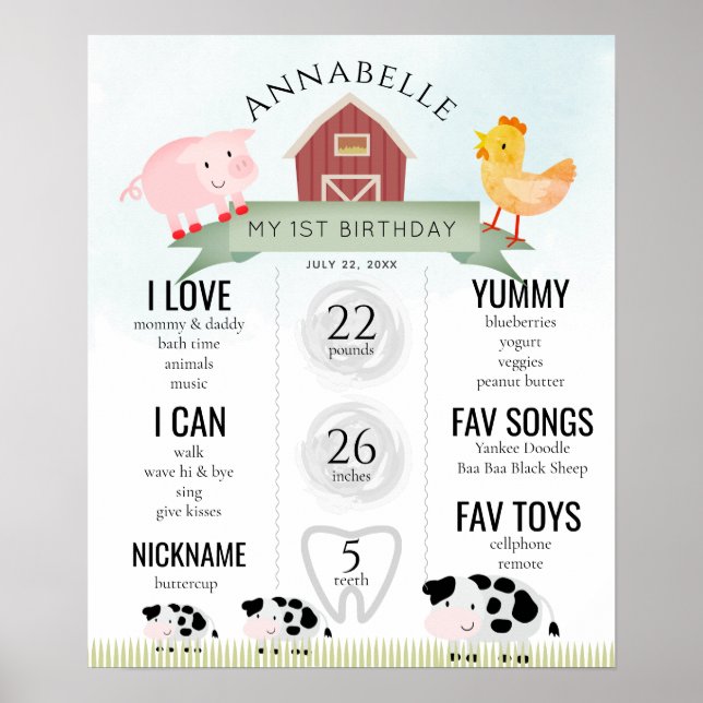 Farm Animals1st Birthday Milestone Poster (Front)