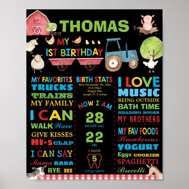 Farm Animals 1st Birthday Milestone Birth Stats Poster (Front)