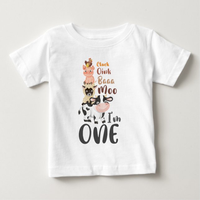 Farm Animals 1st Birthday Moo Holy cow I'm One  Baby T-Shirt (Front)