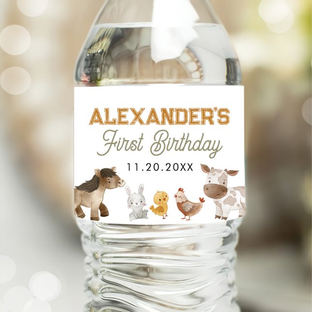 Farm Animals 1st Birthday Party Water Bottle Label (Creator Uploaded)