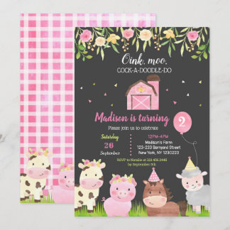 Farm Animals 2nd Birthday Party Invitations Girl