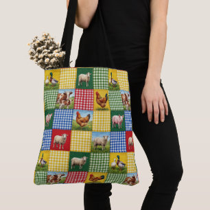 Farm Animals and Gingham Patchwork Quilt Tote Bag