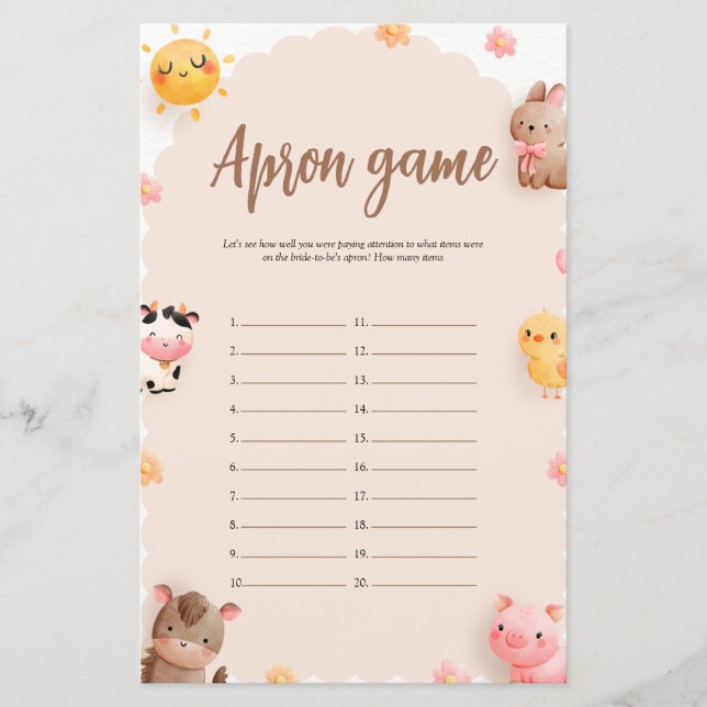 Farm Animals Apron Bridal Shower Game (Front)