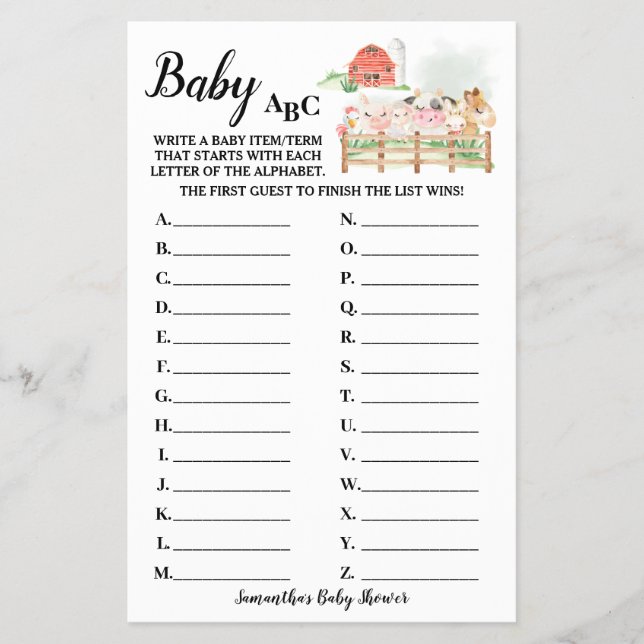 Farm Animals Baby ABC Baby Shower Game Card (Front)