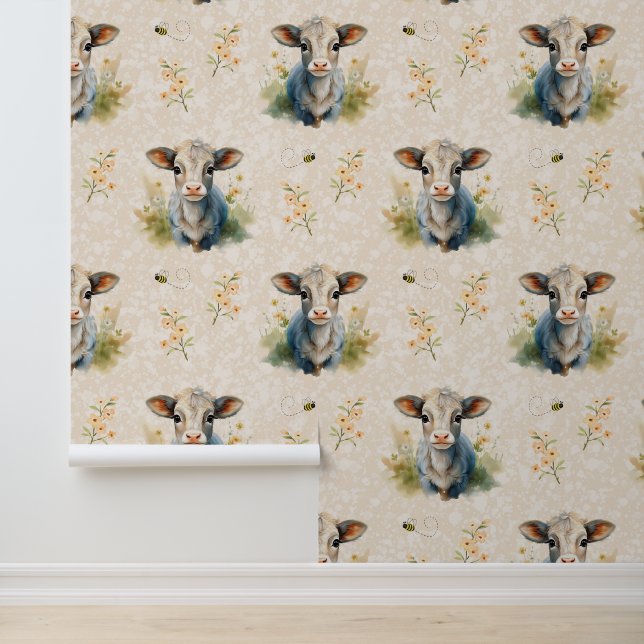 Farm Animals Baby Cow Calf Floral Greenery Cream Wallpaper (Application)