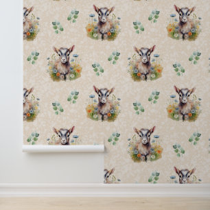Farm Animals Baby Goat Greenery on Cream Wallpaper