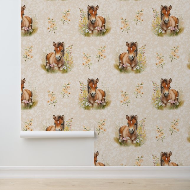 Farm Animals Baby Horse Floral on Cream Wallpaper (Application)