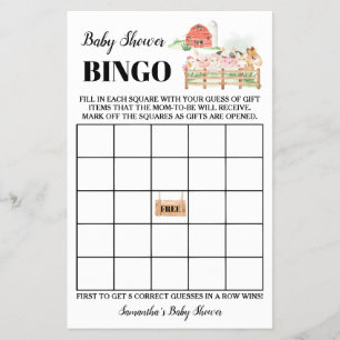 Farm Animals Baby Shower Bingo Game Card