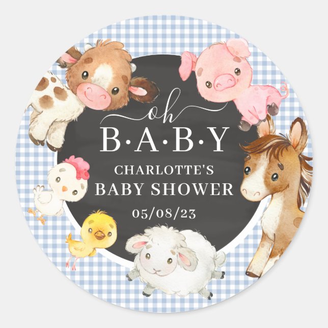 Farm Animals Baby Shower Favour Classic Round Sticker (Front)