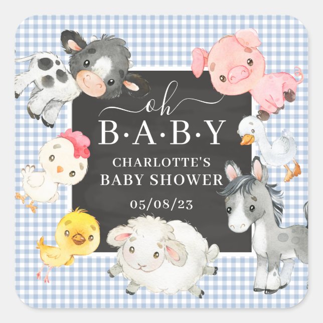 Farm Animals Baby Shower Favour Square Sticker (Front)