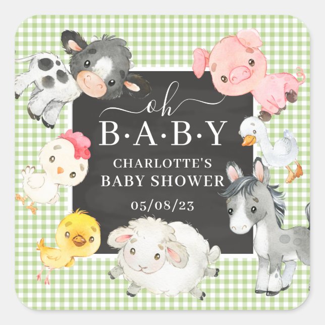 Farm Animals Baby Shower Favour Square Sticker (Front)