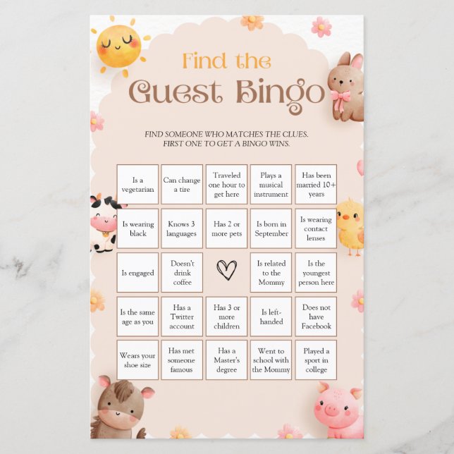 Farm Animals Baby Shower Game Find The Guest BINGO (Front)