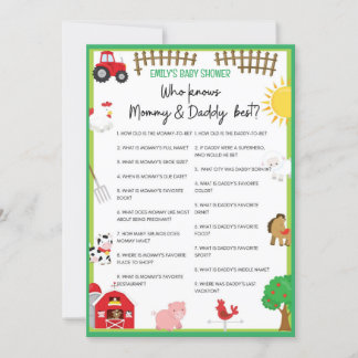 Farm Animals Baby Shower Game Size Invitation