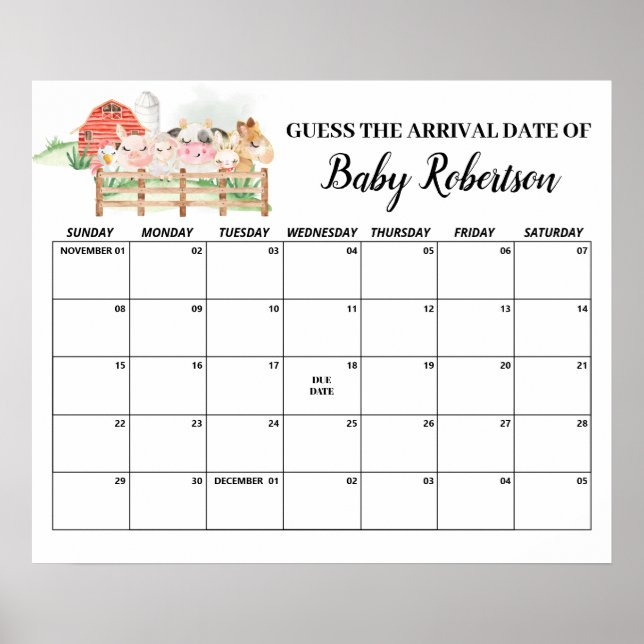 Farm Animals Baby Shower Guess Due Date Calendar Poster (Front)