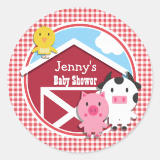 Farm Animals Baby Shower; Red & White Gingham Classic Round Sticker