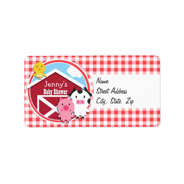 Farm Animals Baby Shower; Red & White Gingham Label (Front)