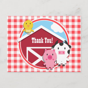 Farm Animals Baby Shower; Red & White Gingham Postcard