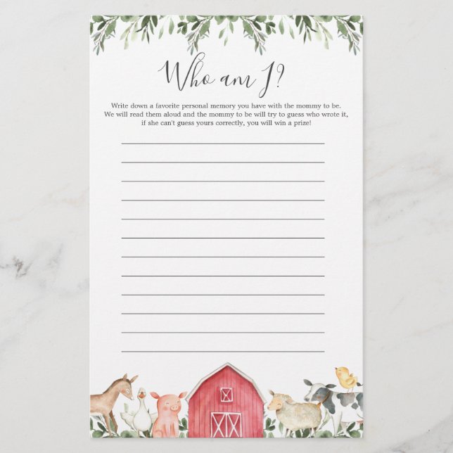 Farm Animals Baby Shower Who Am I Game (Front)