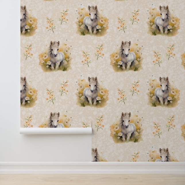 Farm Animals Baby White Horse Floral on Cream Wallpaper (Application)