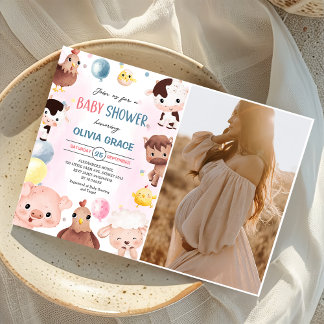 Farm Animals Balloons Barnyard Baby Shower Photo Invitation