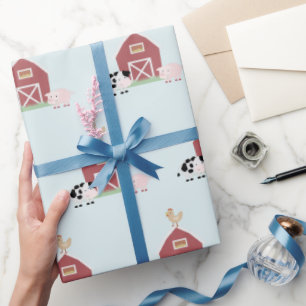 Farm Animals & Barn Pattern Blue Wrapping Paper