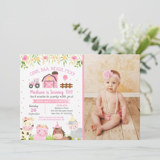 Farm Animals Barnyard 2nd Birthday Invitations (Standing Front)