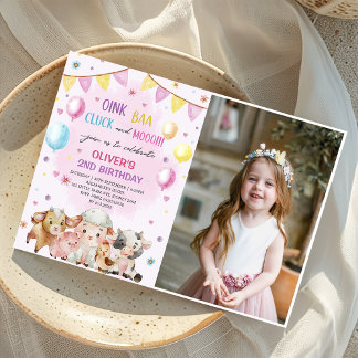 Farm Animals Barnyard Balloon Birthday Photo Invitation