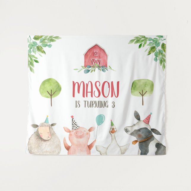 Farm Animals Barnyard Banner Boy Red Birthday Tapestry (Front (Horizontal))