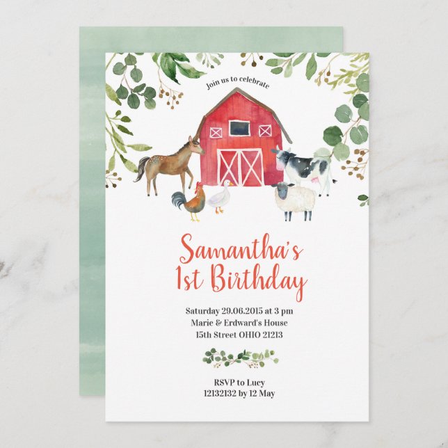 Farm Animals Barnyard Birthday Invitation (Front/Back)