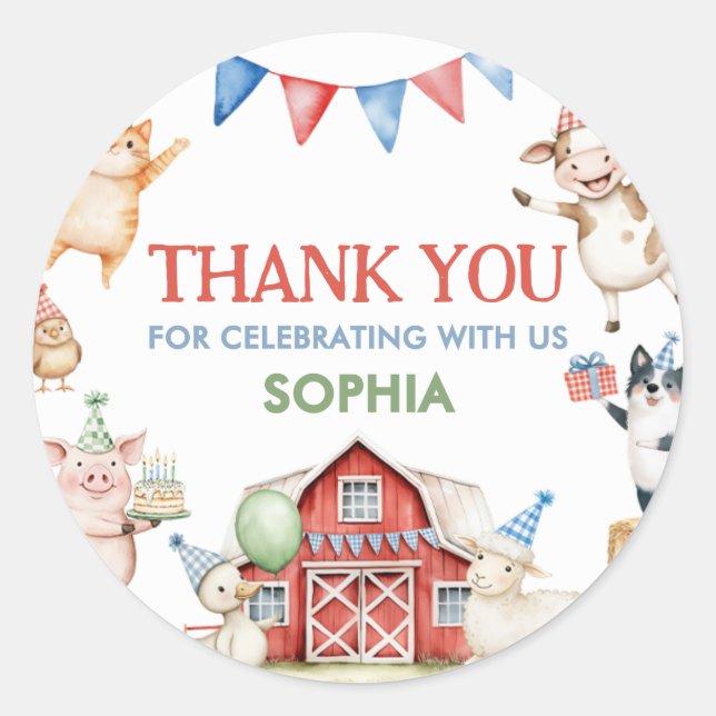 Farm Animals Barnyard Birthday Party Classic Round Sticker (Front)