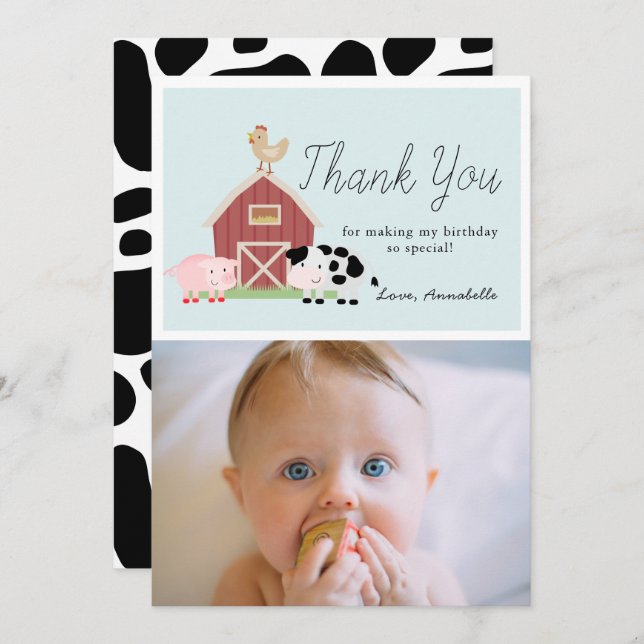 Farm Animals Barnyard Blue Birthday Thank You Card (Front/Back)