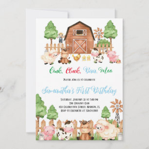 Farm Animals Barnyard Blue Boy Birthday Party Invitation