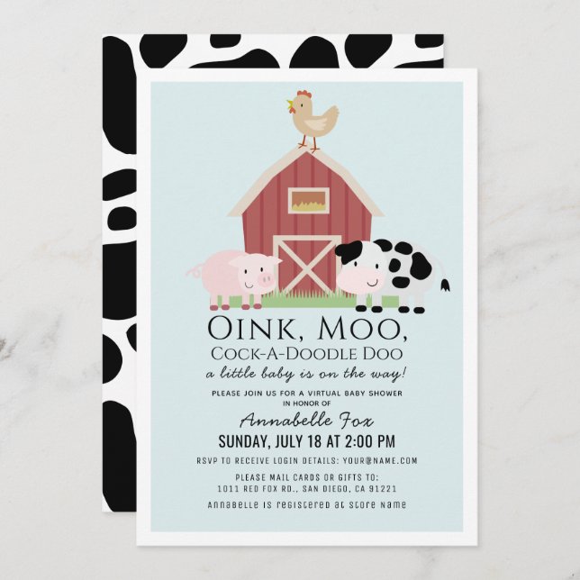 Farm Animals Barnyard Blue Boy Virtual Baby Shower Invitation (Front/Back)