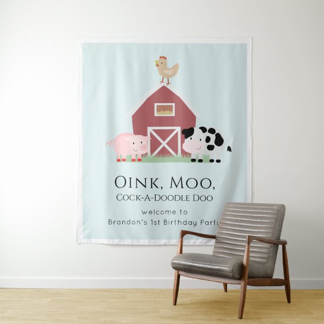Farm Animals Barnyard Boy Blue Birthday Welcome Tapestry (In Situ)