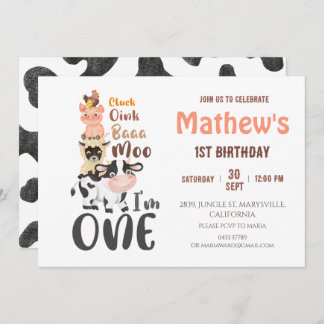 Farm Animals barnyard First 1st Birthday Invitation