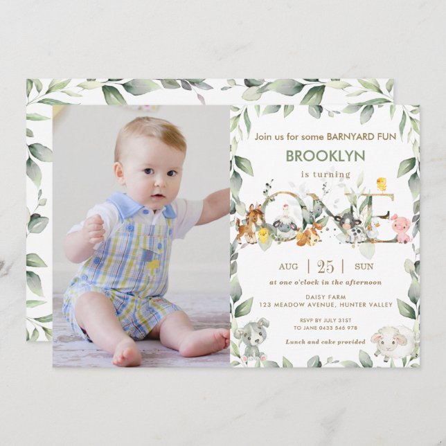 Farm Animals Barnyard Greenery 1st Birthday Photo Invitation (Front/Back)