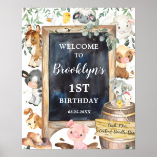 Farm Animals Barnyard Greenery Birthday Welcome Poster
