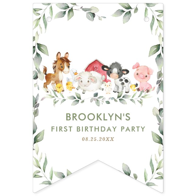 Farm Animals Barnyard Greenery Happy Birthday Bunting (First Flag)